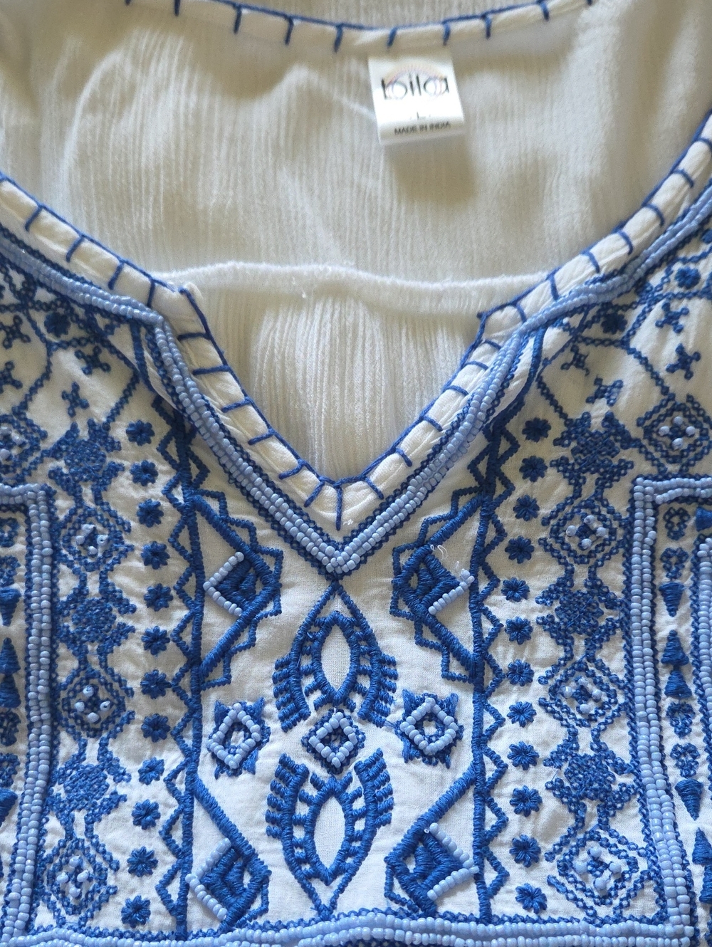 Bila White Lightweight  Tunic with Blue Embroidered/beaded V-Neck - Picture 6 of 7